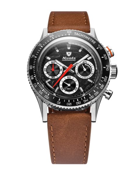Nivada Grenchen Chronoking Mecaquartz Racing Black - Inter. Bezel - Brown Leather