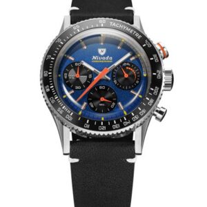 Nivada Grenchen Chronoking Mecaquartz Racing Blue - Inter. Bezel - Black Leather White Stitching