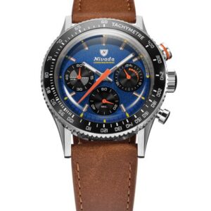 Nivada Grenchen Chronoking Mecaquartz Racing Blue - Inter. Bezel - Brown Leather