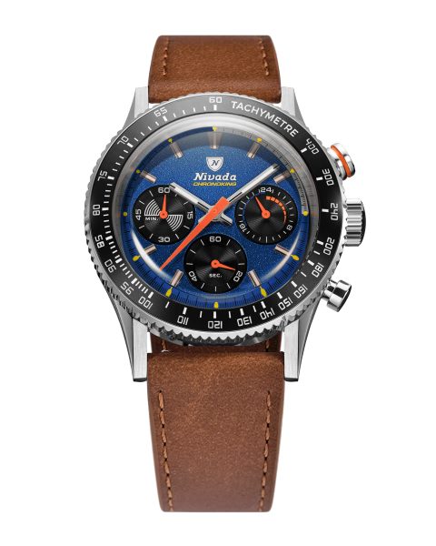 Nivada Grenchen Chronoking Mecaquartz Racing Blue - Inter. Bezel - Brown Leather