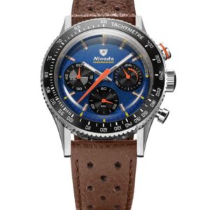 Nivada Grenchen Chronoking Mecaquartz Racing Blue - Inter. Bezel - Brown Racing Strap