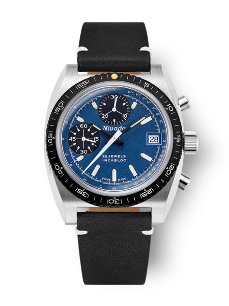 Nivada Grenchen Autochron Blue Automatic - Black Leather White Stitching