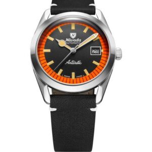 Nivada Grenchen Super Antarctic Black & Orange - 38 mm Date - Black leather White Stitching