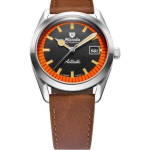 Nivada Grenchen Super Antarctic Black & Orange - 38 mm Date - Brown Leather