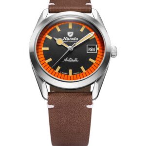 Nivada Grenchen Super Antarctic Black & Orange - 38 mm Date - Brown Leather White Stitching