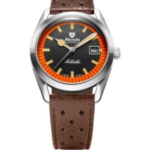 Nivada Grenchen Super Antarctic Black & Orange - 38 mm Date - Brown Racing Strap