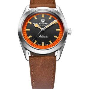 Nivada Grenchen Super Antarctic Black & Orange - 38 mm No Date - Brown Leather