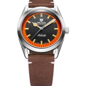 Nivada Grenchen Super Antarctic Black & Orange - 38 mm No Date - Brown Leather White Stitching