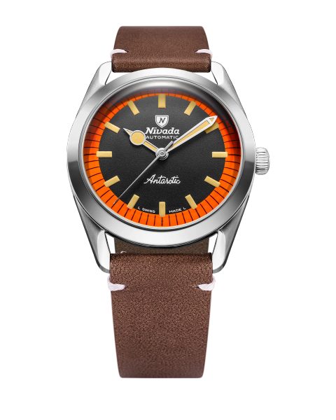 Nivada Grenchen Super Antarctic Black & Orange - 38 mm No Date - Brown Leather White Stitching