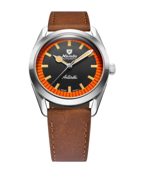 Nivada Grenchen Super Antarctic Black & Orange - 38 mm No Date - Brown Leather