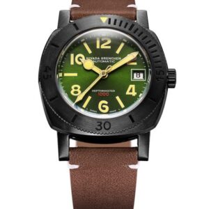 Nivada Grenchen Depthmaster Numerals - Black and Green - Brown Leather White Stitching