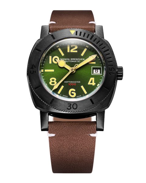 Nivada Grenchen Depthmaster Numerals - Black and Green - Brown Leather White Stitching