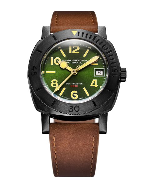 Nivada Grenchen Depthmaster Numerals - Black and Green - Brown Leather