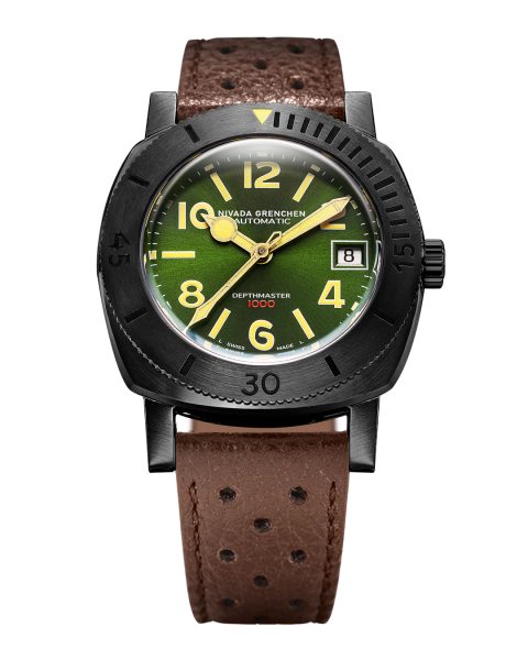 Nivada Grenchen Depthmaster Numerals - Black and Green - Brown Racing Strap
